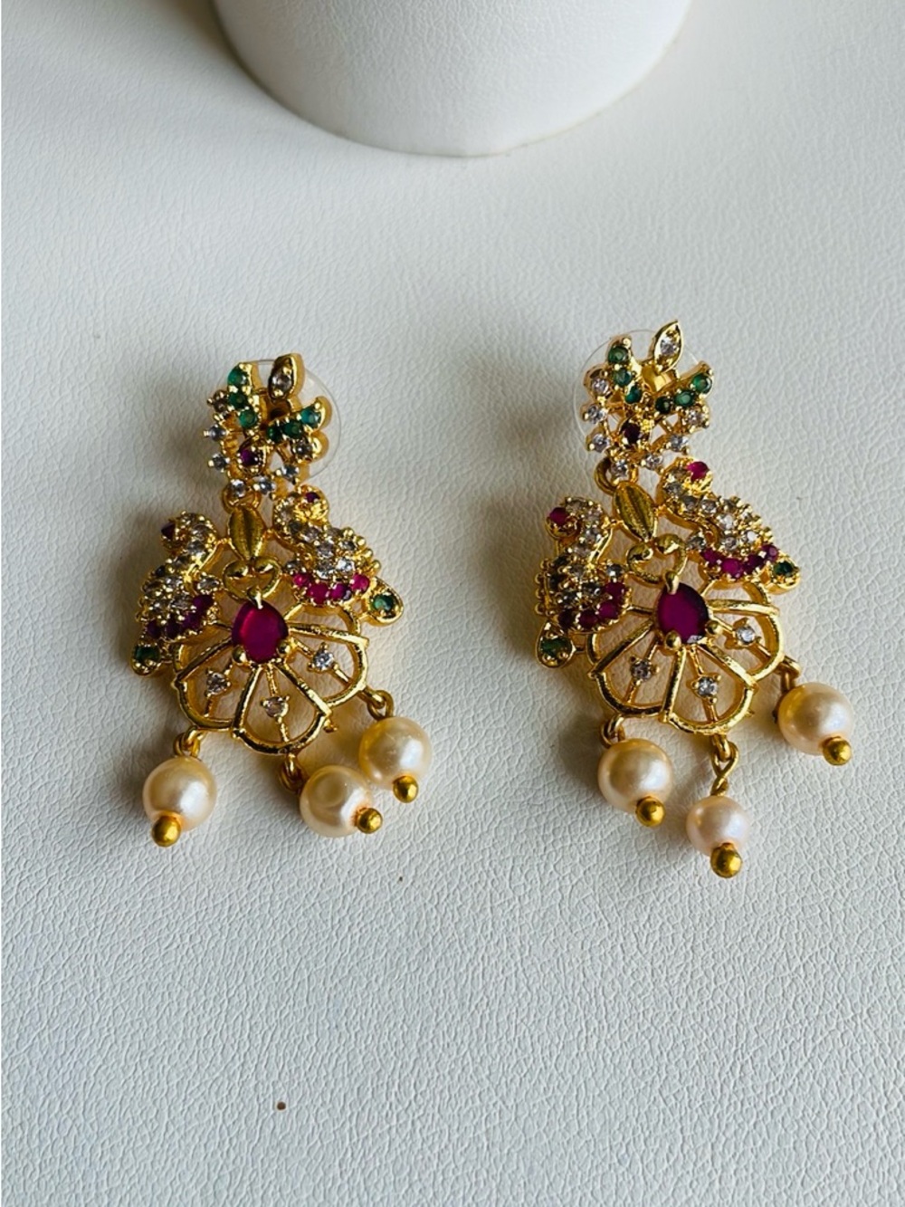Gold Floral Pearl Drop Earrings with Pink & Green Accents